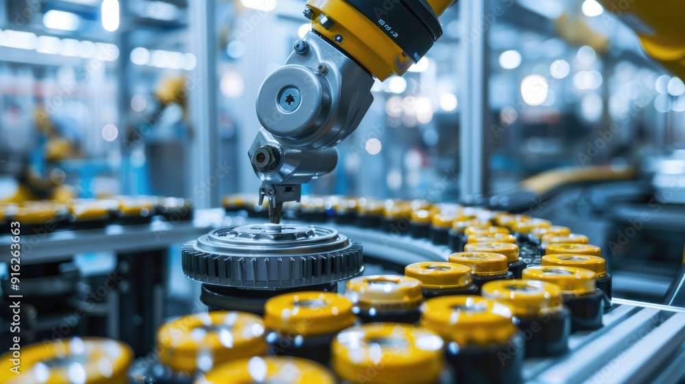 Poster robotic arm assembling components on factory production line