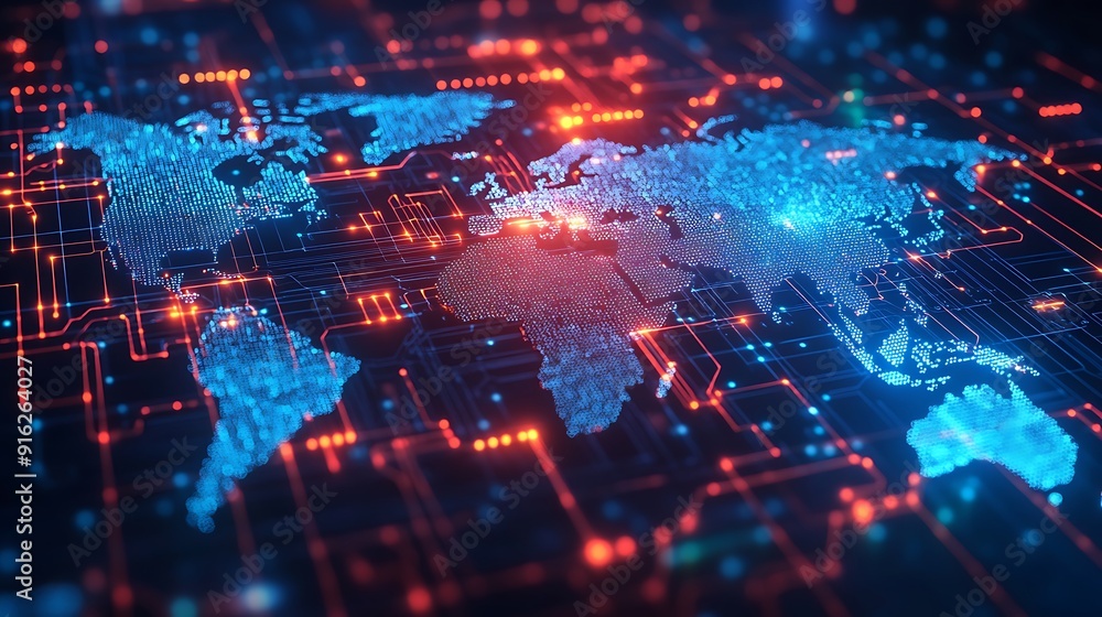 Poster global connectivity and digital networks: a stunning visualization of the world map with interconnec