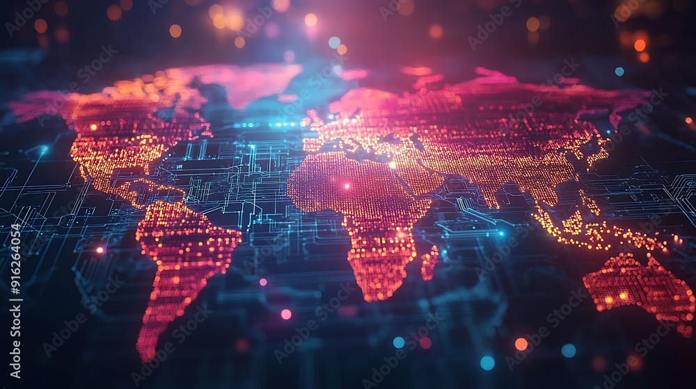 Poster global connectivity and digital networks: a stunning visualization of the world map with interconnec