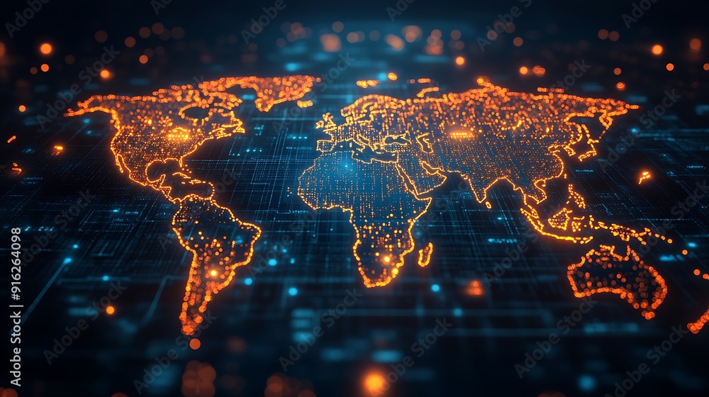 Poster global connectivity and digital networks: a stunning visualization of the world map with interconnec