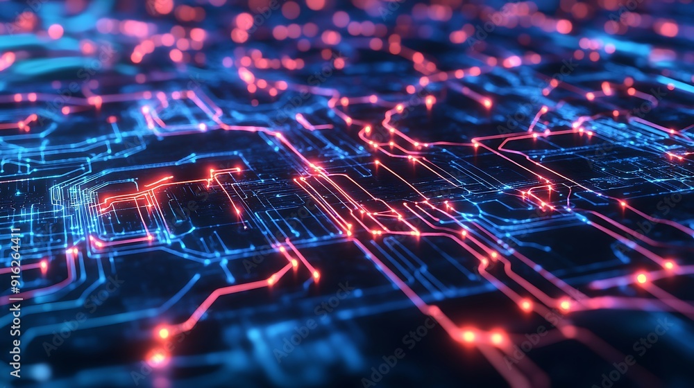 Poster exploring the intricate details of a modern circuit board: a close-up view of digital technology and