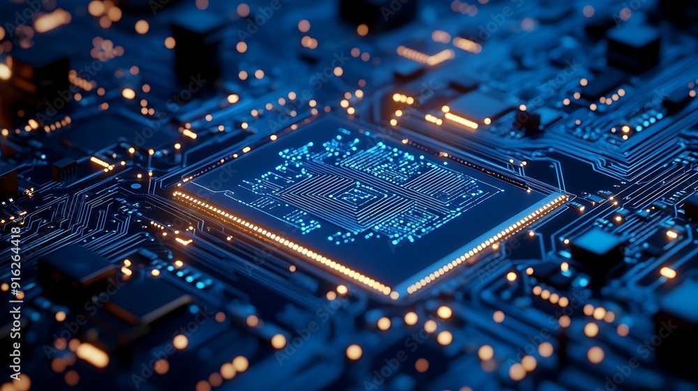 Poster exploring the intricate details of a modern circuit board: a close-up view of digital technology and