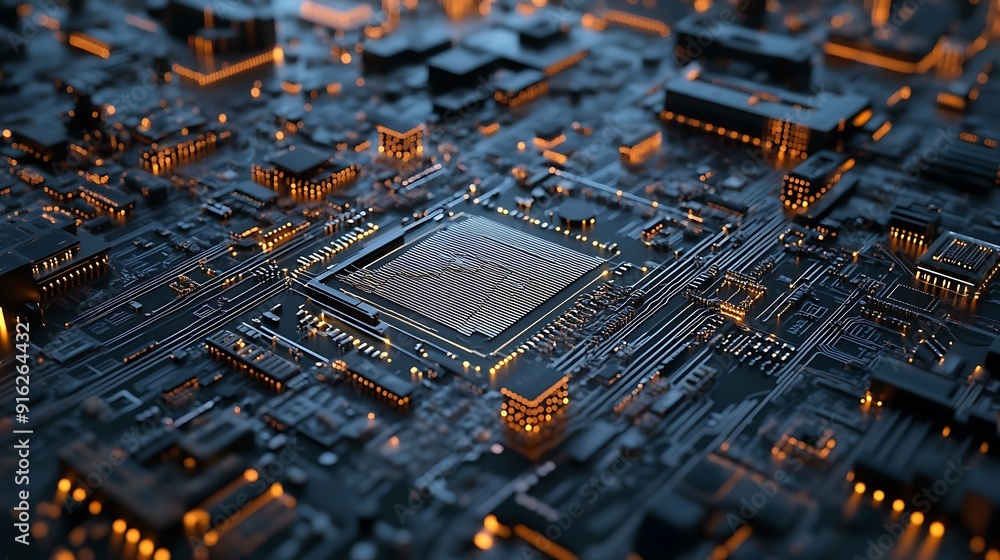 Poster exploring the intricate details of a modern circuit board: a close-up view of digital technology and