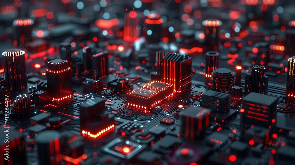 Poster exploring the intricate details of a modern circuit board: a close-up view of digital technology and