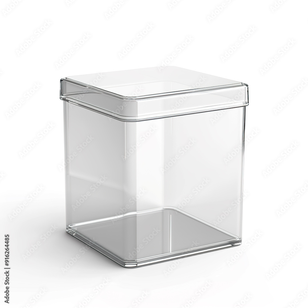Poster transparent square container with lid isolated on white background.