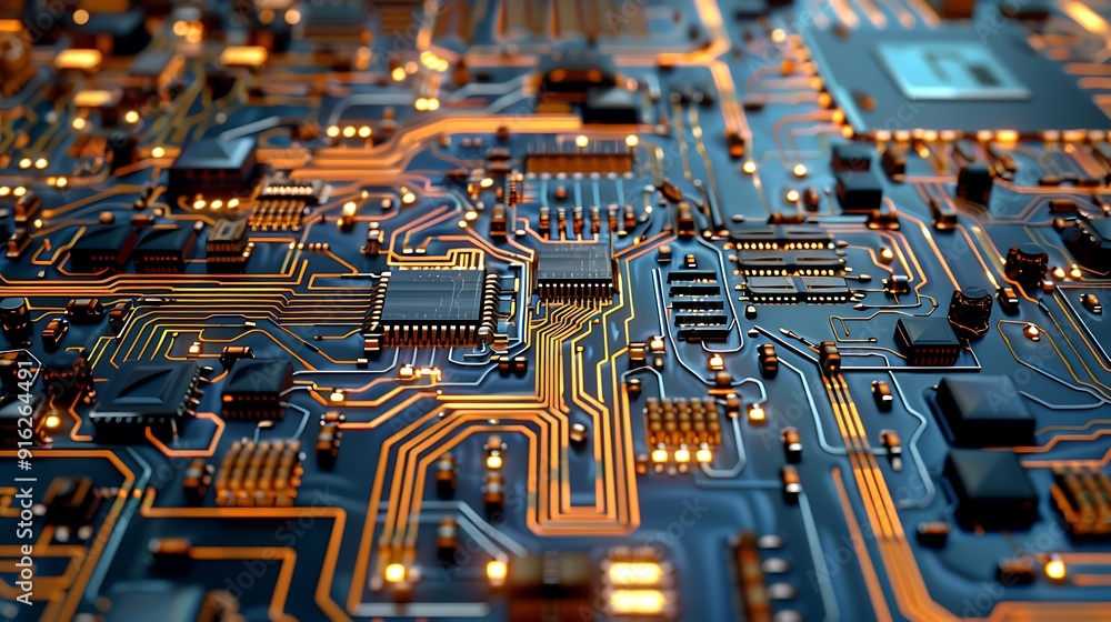 Poster exploring the intricate details of a modern circuit board: a close-up view of digital technology and