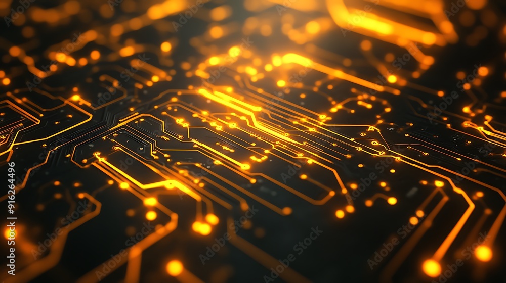 Poster exploring the intricate details of a modern circuit board: a close-up view of digital technology and