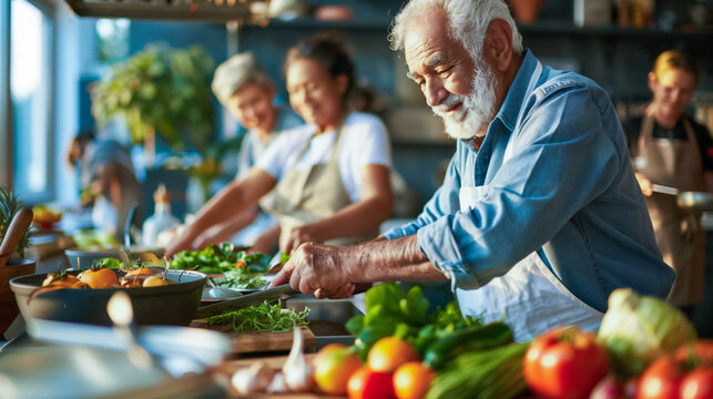 Diverse group of seniors participating in a cooking class