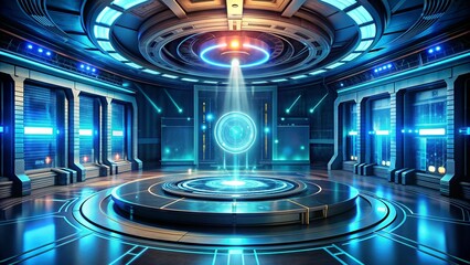 Obraz premium A futuristic platform in the center of a high-tech room, with a glowing portal above it. The room is filled with digital screens and light beams, creating a sense of depth and technological