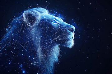 Naklejka premium Digital wireframe polygon of the Leo zodiac sign, featuring lines and points. A fusion of astrological tradition and cutting-edge technology.