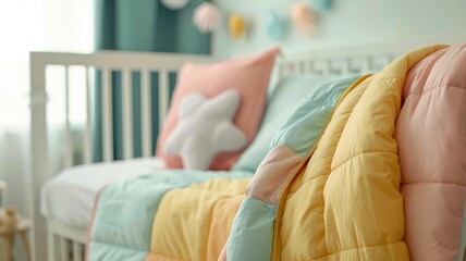 Pastel-themed crib bedding with colorful quilt and plush pillows in softly lit nursery