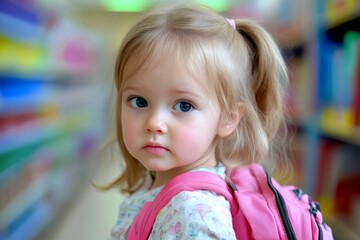 Fototapeta premium Young girl with a pink backpack looking over her shoulder in a colorful classroom. Perfect for educational themes and back-to-school content