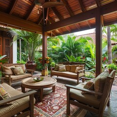 Obraz premium Tropical Lanai with Lush Greenery and Teak Wood Furniture