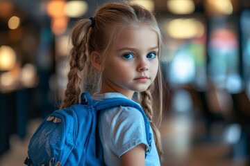 Thoughtful girl, 5 years old, with braids and a blue backpack, looking over her shoulder, with a blurred background. Ideal for school or travel themes.