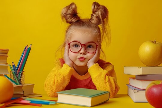 Adorable girl (about 5 years old) with glasses, making a funny face, surrounded by school supplies on a yellow background. Ideal for playful or educational content.