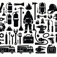 shiloutte firefighter elements and tools set vector