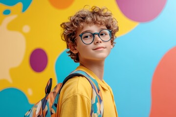 Smiling boy, 8 years old, with curly hair and glasses, wearing a yellow shirt and backpack, standing against a bright abstract background. Perfect for back-to-school promotions.