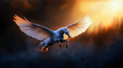 Obraz premium A white horse with a wing on its back flying through the sky. The image has a dreamy, ethereal quality to it, as if the horse is soaring through a magical world
