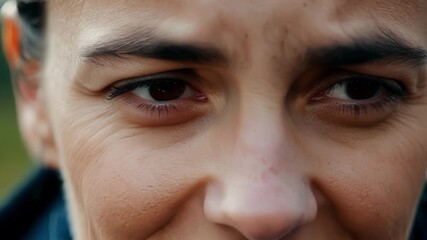 Tight shot of an aid workers compassionate eyes as they listen to the harrowing stories of survivors and offer comfort.