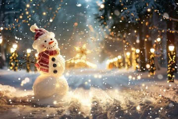 Obraz premium Festive Snowman on a Snow-Covered Bridge with Christmas Lights, Capturing the Magic of a Winter Night in the Holiday Season