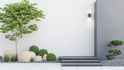 Close-up of a modern house entrance with a minimalist garden, clean lines and simplicity in landscaping, modern outdoor design