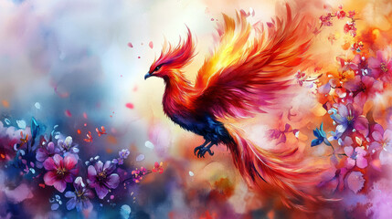 Obraz premium A colorful painting of a red bird with orange feathers flying over a field of flowers. The painting has a vibrant and lively mood, with the bird and flowers creating a sense of freedom and beauty