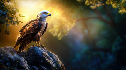 Fototapeta premium A large eagle is perched on a rock in a forest. Concept of freedom and strength, as the eagle stands tall and proud in its natural habitat. The sunlight filtering through the trees adds a warm