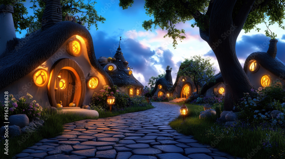 Poster A path leads to a row of houses with a tree in the background. The houses are small and have a cozy, rustic feel. The street is lit up with lanterns, creating a warm and inviting atmosphere