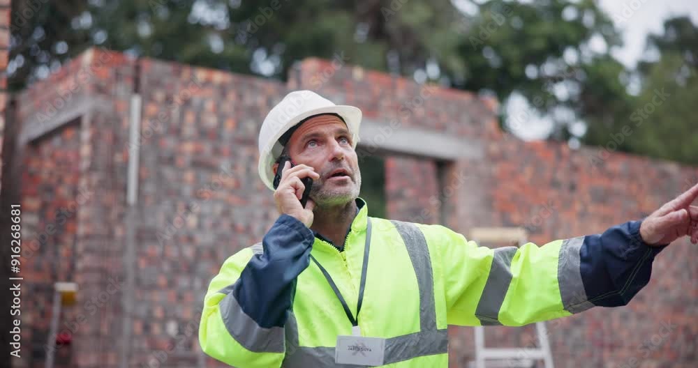 Poster building, phone call and project management with engineer man on commercial site. architecture, indu