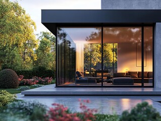 Detail of a modern house s large glass window with reflections of nature, simplicity and transparency in architecture, modern design concept