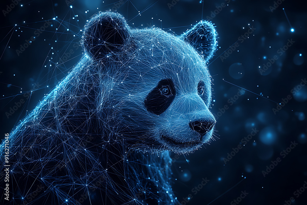 Poster panda bear. digital wireframe polygon illustration. technology of lines and points.