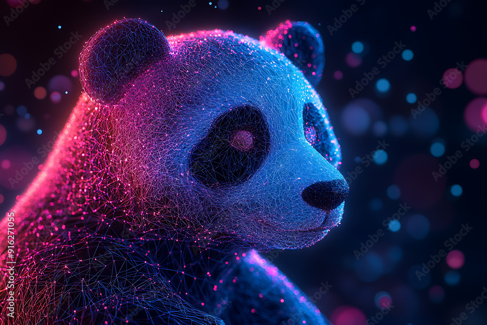 Poster panda bear. digital wireframe polygon illustration. technology of lines and points.