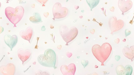 Heart-shaped balloons in pastel colors create a cheerful pattern on a soft background, perfect for festive decorations