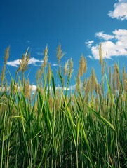 Fototapeta premium Vibrant Green Grass Against a Bright Blue Sky: Nature's Serenity