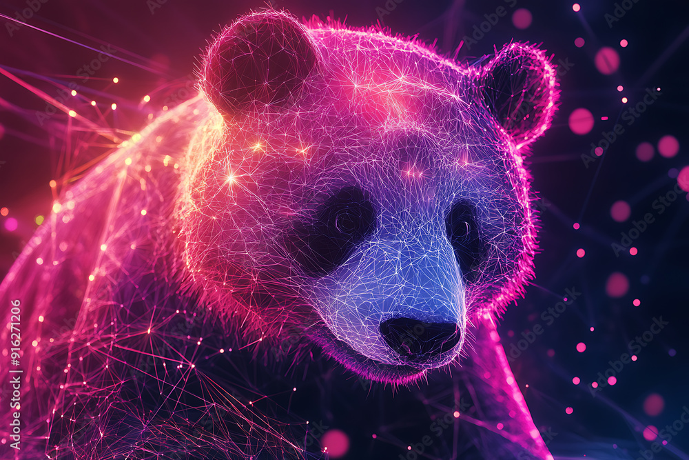 Poster panda bear. digital wireframe polygon illustration. technology of lines and points.