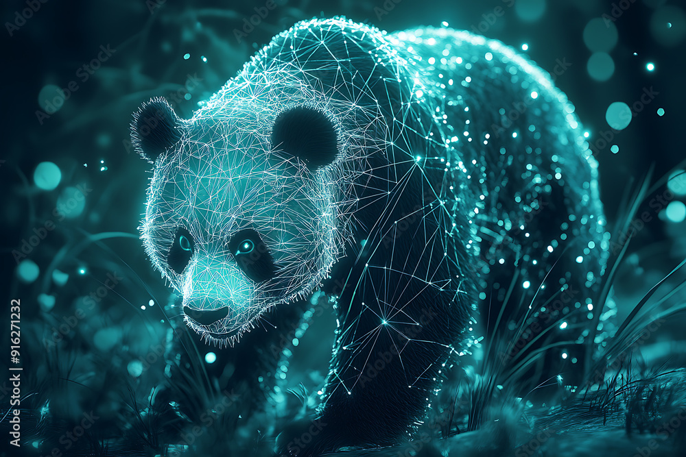 Poster panda bear. digital wireframe polygon illustration. technology of lines and points.