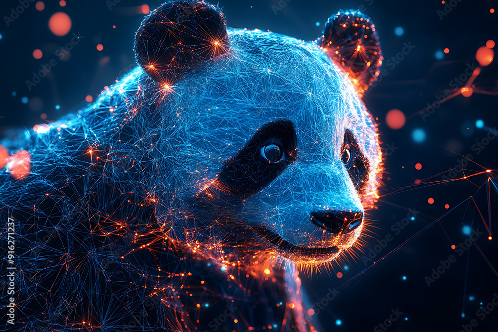 Poster panda bear. digital wireframe polygon illustration. technology of lines and points.