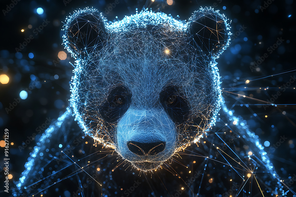 Poster panda bear. digital wireframe polygon illustration. technology of lines and points.