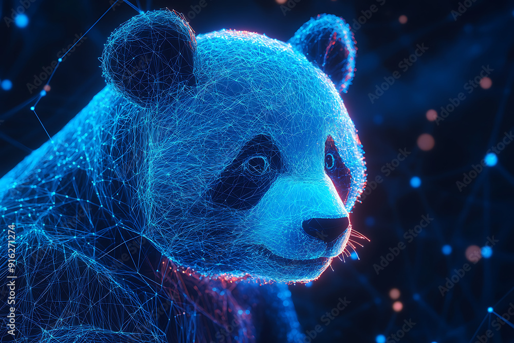 Poster panda bear. digital wireframe polygon illustration. technology of lines and points.