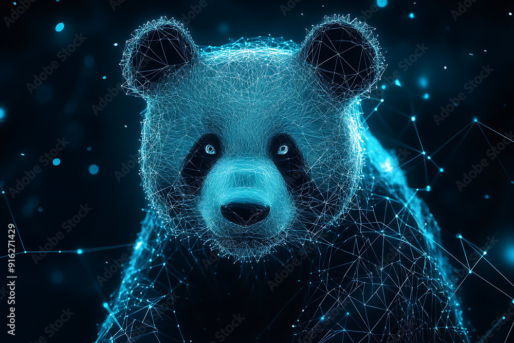 Poster panda bear. digital wireframe polygon illustration. technology of lines and points.