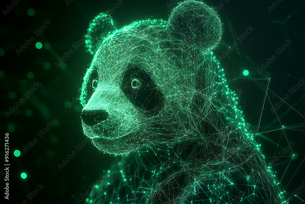 Poster panda bear. digital wireframe polygon illustration. technology of lines and points.