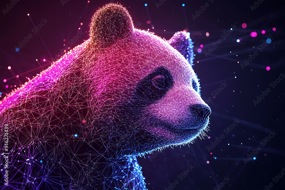 Poster panda bear. digital wireframe polygon illustration. technology of lines and points.