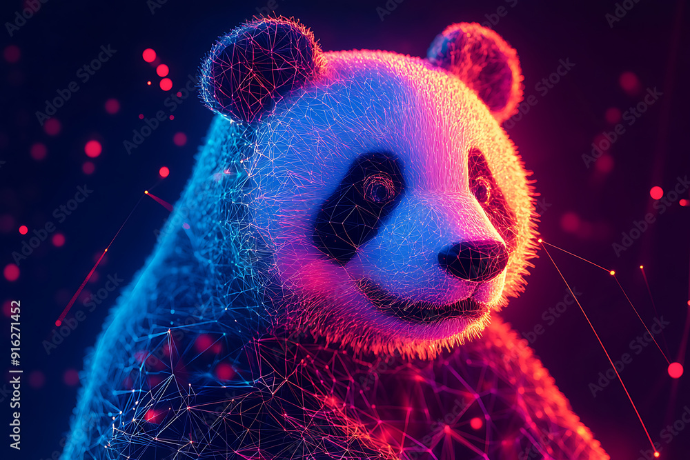 Poster panda bear. digital wireframe polygon illustration. technology of lines and points.
