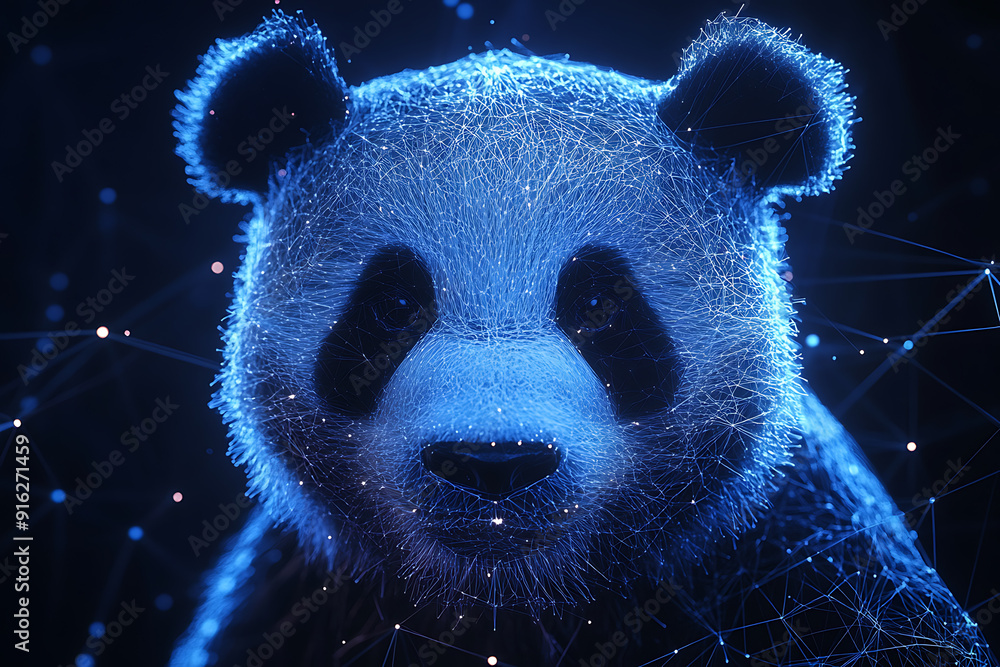 Poster panda bear. digital wireframe polygon illustration. technology of lines and points.