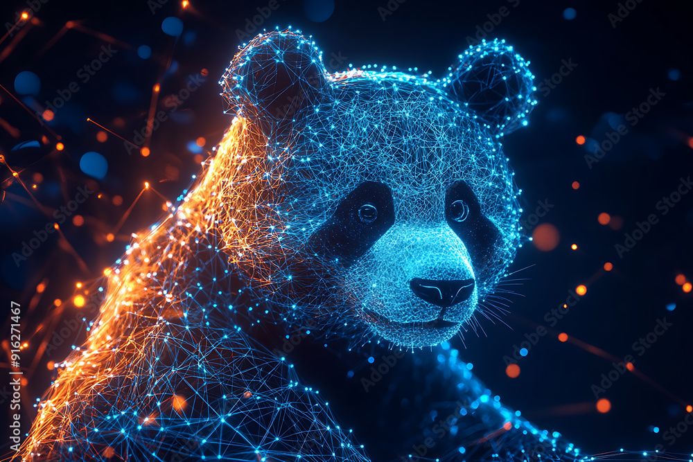 Poster panda bear. digital wireframe polygon illustration. technology of lines and points.