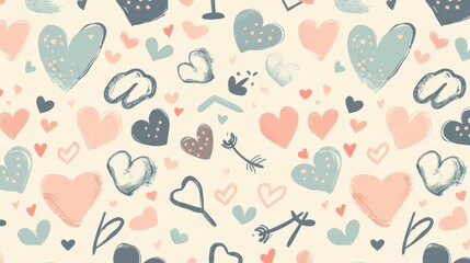 A creative design featuring hearts in multiple colors and shapes scattered across a soft background