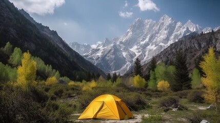 Tourist tent on the plateau, mountains tops background, outdoor activities. AI generated.