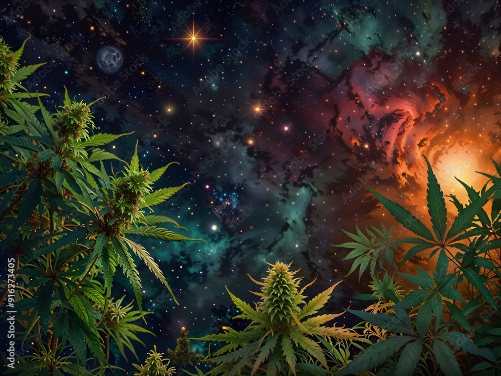 Wall mural cannabis plants in the moonlit night starry sky, room for text
