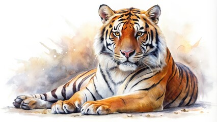 Fototapeta premium Watercolor painting of a wild tiger on a white isolated background, watercolor, wildlife, tiger, predator, art, painting