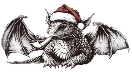 Dragon in Santa Hat Smoking a Pipe